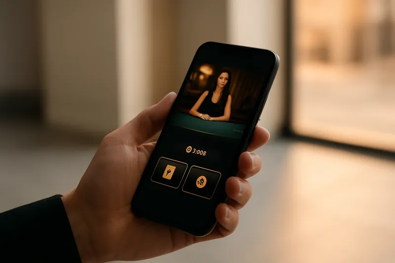 Casino App Preview Hand holding smartphone showing dark casino app in city light