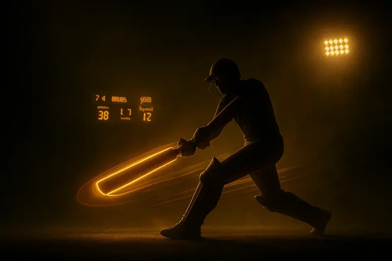 Dynamic Cricket Action Cricket athlete in motion with neon speed trail under stadium floodlights