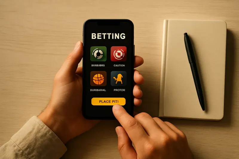 Man using phone with betting app at desk from above
