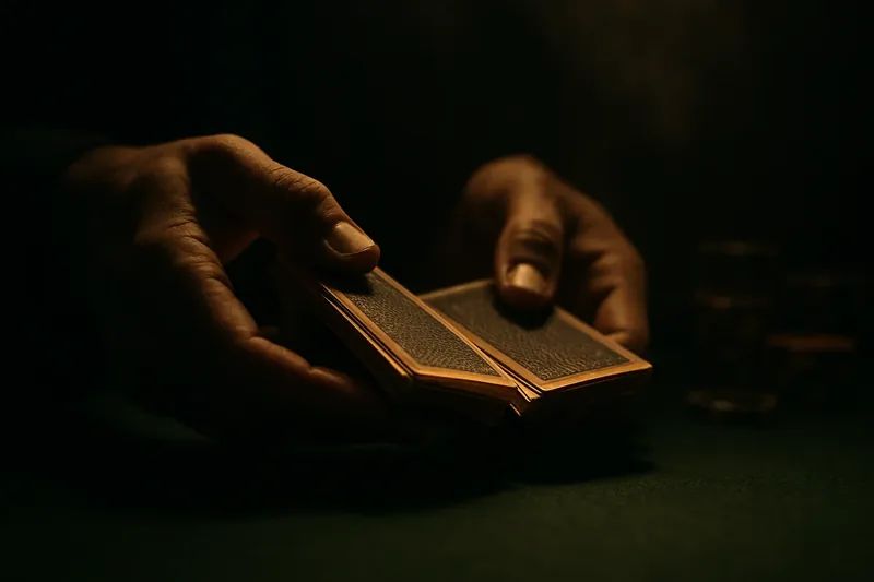 Close-up of dealer hands shuffling cards above green felt table