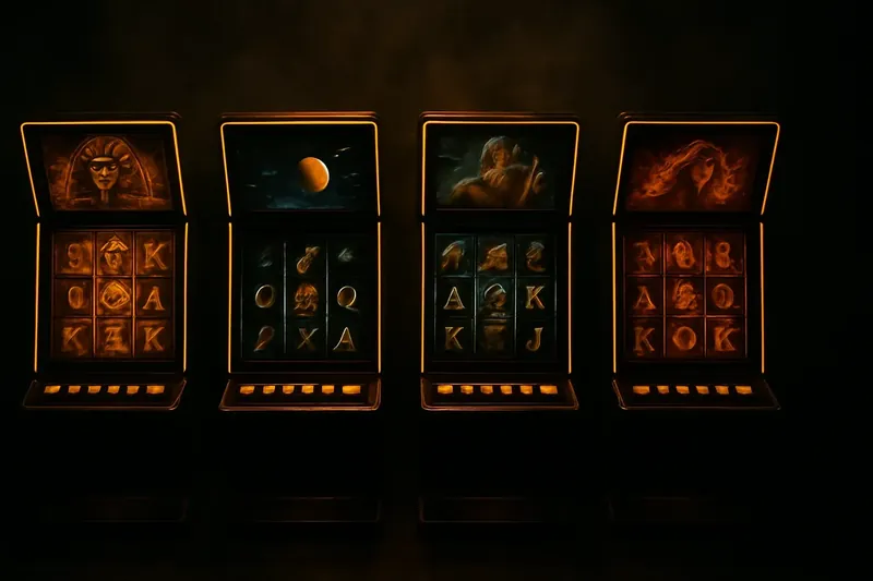 Five vivid video slot screens with neon lighting and themed visuals